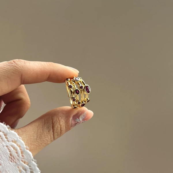 Bordo Taşlı Vintage Yüzük I 14 Altın Kaplama
