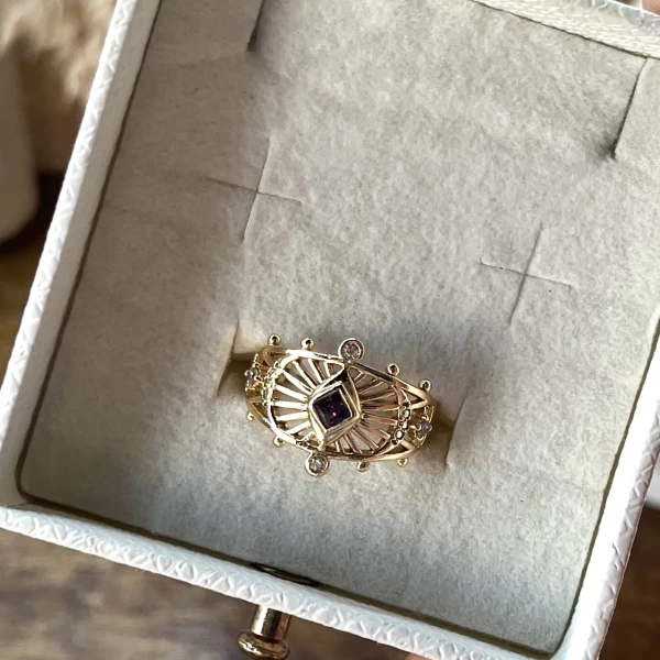 Bordo Taşlı Vintage Yüzük I 14 Altın Kaplama