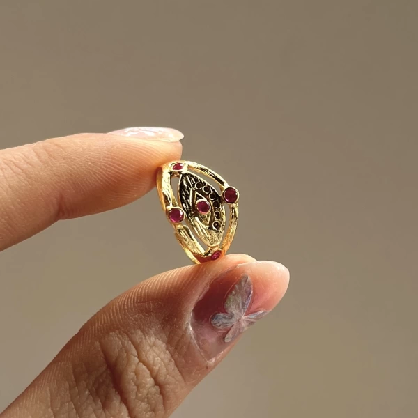 Bordo Taşlı Göz Vintage Yüzük I 14 Altın Kaplama