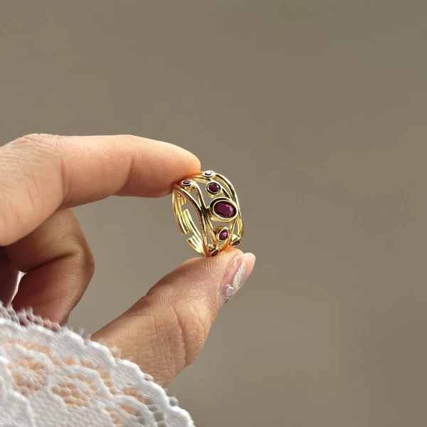 Bordo Taşlı Vintage Yüzük I 14 Altın Kaplama