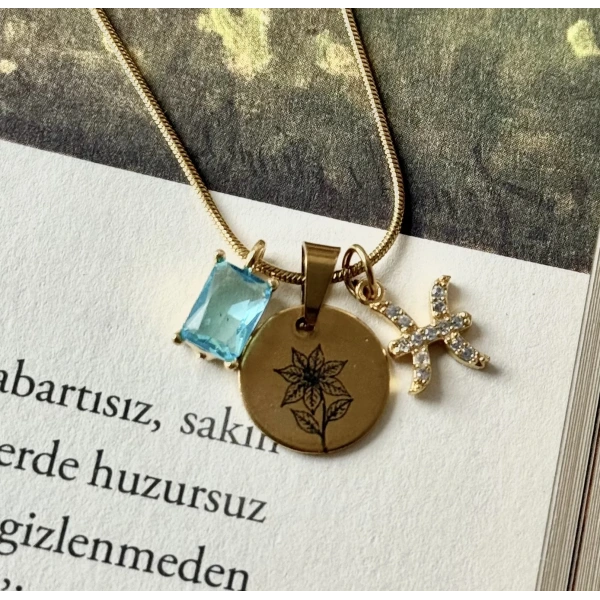 Burç Taşı ve Doğum Ayı Çiçeği Kolyesi