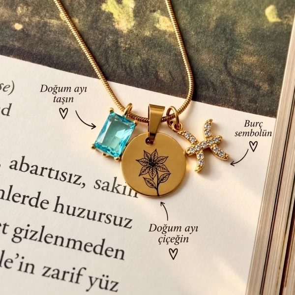 Burç Taşı ve Doğum Ayı Çiçeği Kolyesi