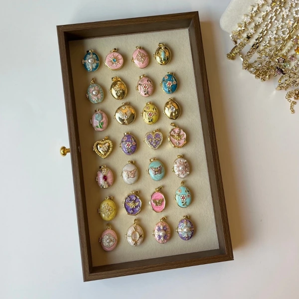 Çift Fotoğraflı Mineli/Desenli Kapaklı Kolyeler