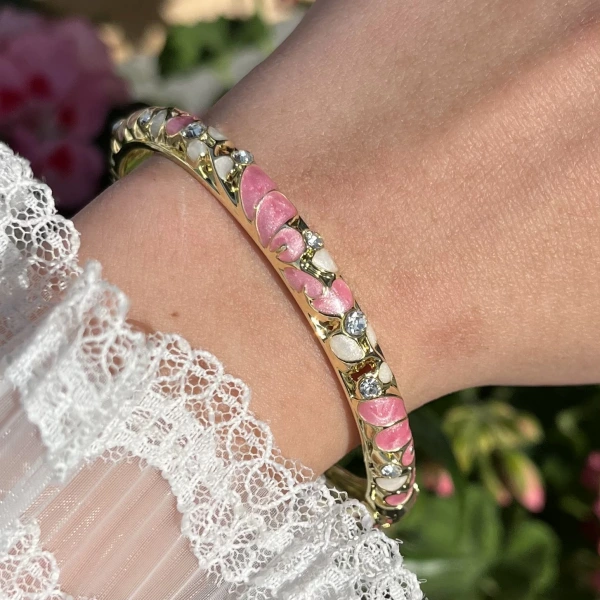 Pastel Pembe Çiçek Desenli Vintage Mineli Bileklik