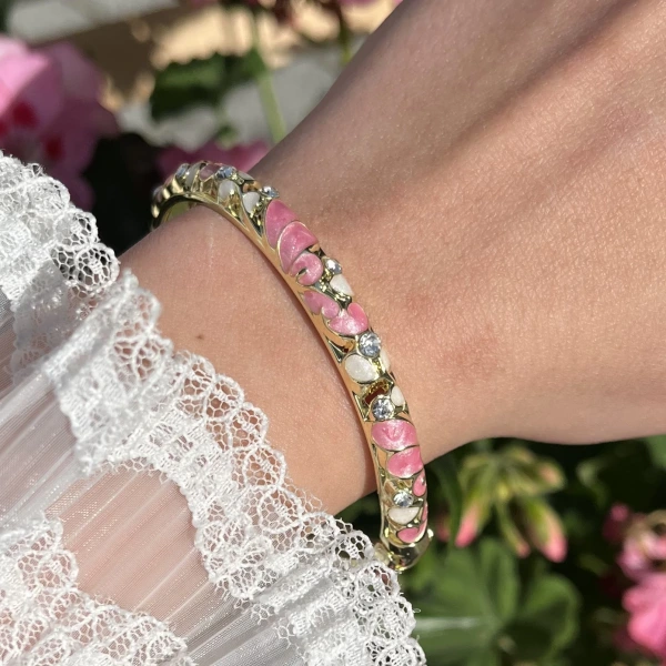 Pastel Pembe Çiçek Desenli Vintage Mineli Bileklik