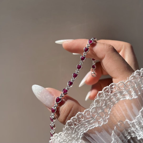 Fuşya Kalpli Su Yolu Bileklik I 925 Gümüş
