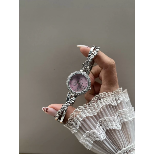 Pembe Gümüş Çiçekler Vintage Saat