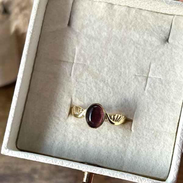 Bordo Taşlı Kanatlı Vintage Yüzük I 14 Altın Kaplama