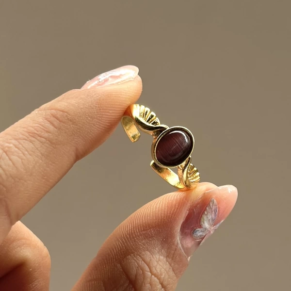 Bordo Taşlı Kanatlı Vintage Yüzük I 14 Altın Kaplama