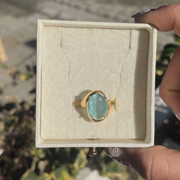 Kedi Gözü Taşlı Vintage Yüzük I 14 Altın Kaplama
