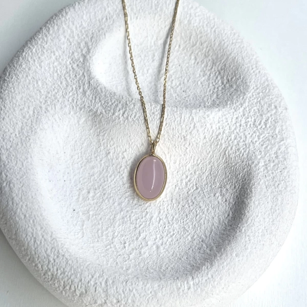 Pembe Oval Taşlı Kolye I 925 Gümüş
