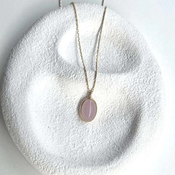 Pembe Oval Taşlı Kolye I 925 Gümüş