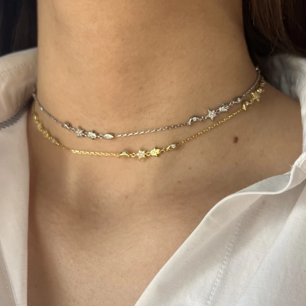 Fatma Ana El ve Ay Motifli Choker Zincir Kolye I 925 Gümüş