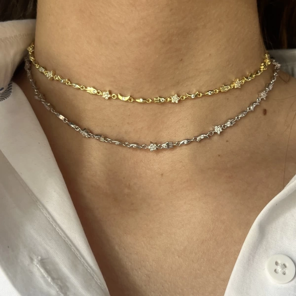 Fatma Ana El ve Ay Motifli Choker Zincir Kolye I 925 Gümüş