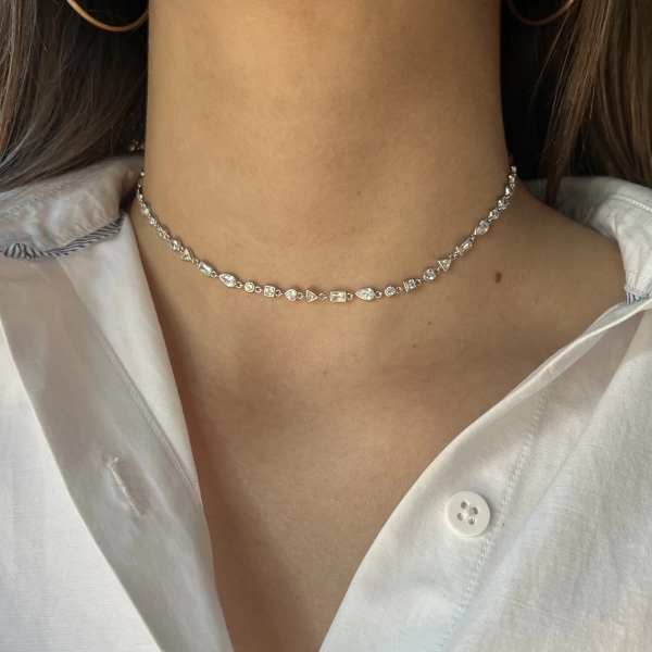 Kalp ve Geometrik Motifli Choker Zincir Kolye I 925 Gümüş