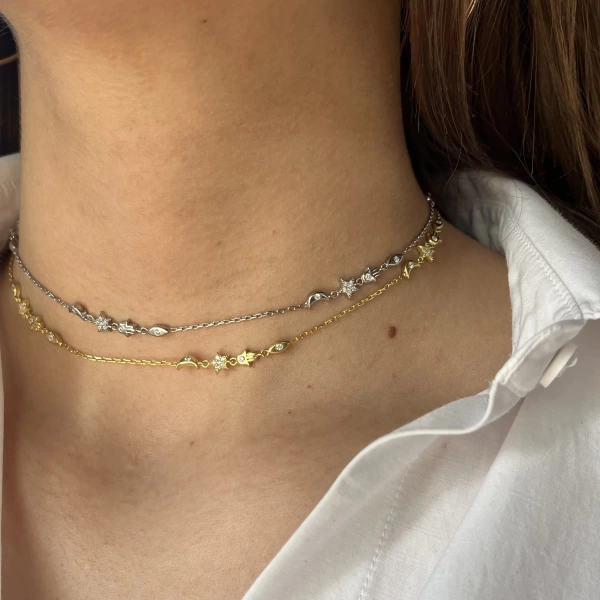 Fatma Ana El ve Ay Motifli Choker Zincir Kolye I 925 Gümüş