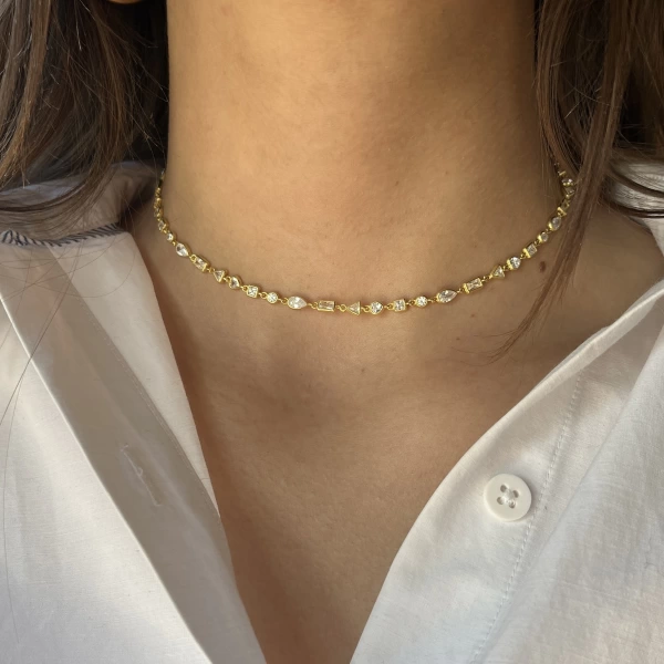 Kalp ve Geometrik Motifli Choker Zincir Kolye I 925 Gümüş