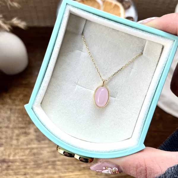 Pembe Oval Taşlı Kolye I 925 Gümüş