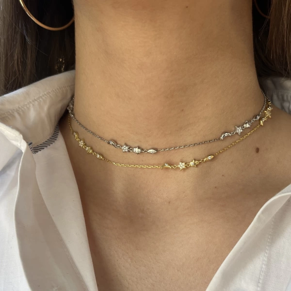 Fatma Ana El ve Ay Motifli Choker Zincir Kolye I 925 Gümüş