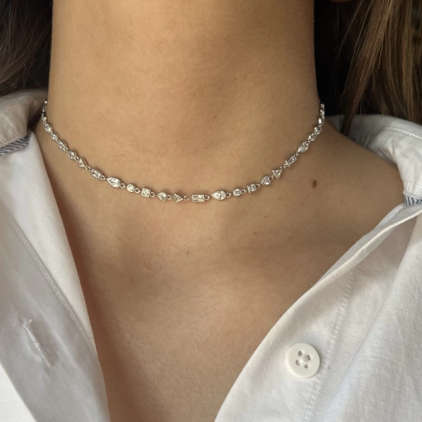 Kalp ve Geometrik Motifli Choker Zincir Kolye I 925 Gümüş