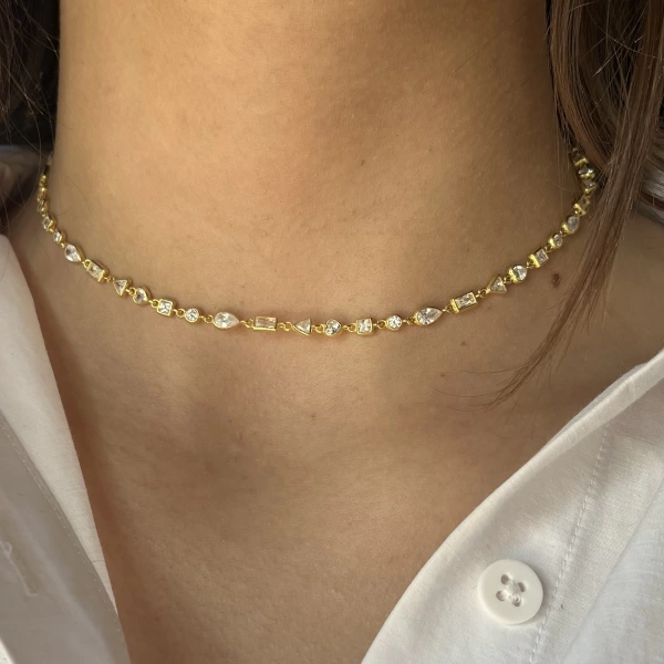 Kalp ve Geometrik Motifli Choker Zincir Kolye I 925 Gümüş