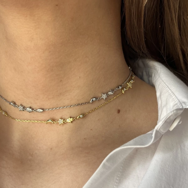 Fatma Ana El ve Ay Motifli Choker Zincir Kolye I 925 Gümüş