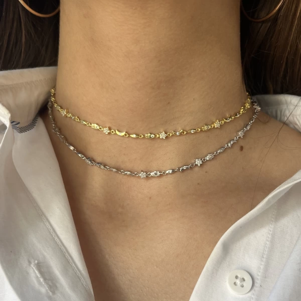 Fatma Ana El ve Ay Motifli Choker Zincir Kolye I 925 Gümüş