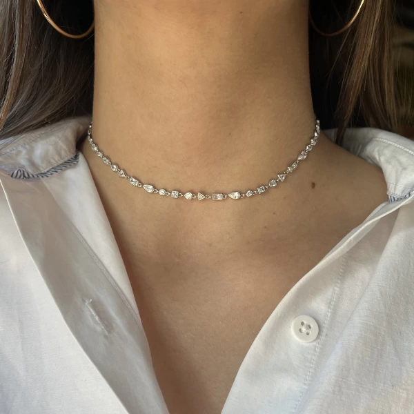 Kalp ve Geometrik Motifli Choker Zincir Kolye I 925 Gümüş
