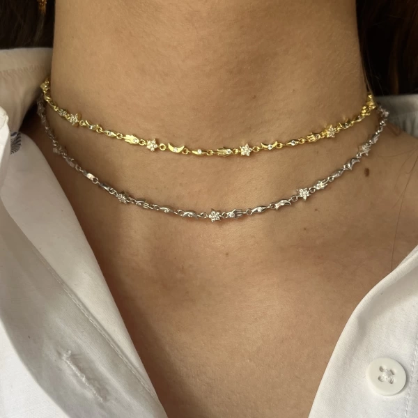 Fatma Ana El ve Ay Motifli Choker Zincir Kolye I 925 Gümüş