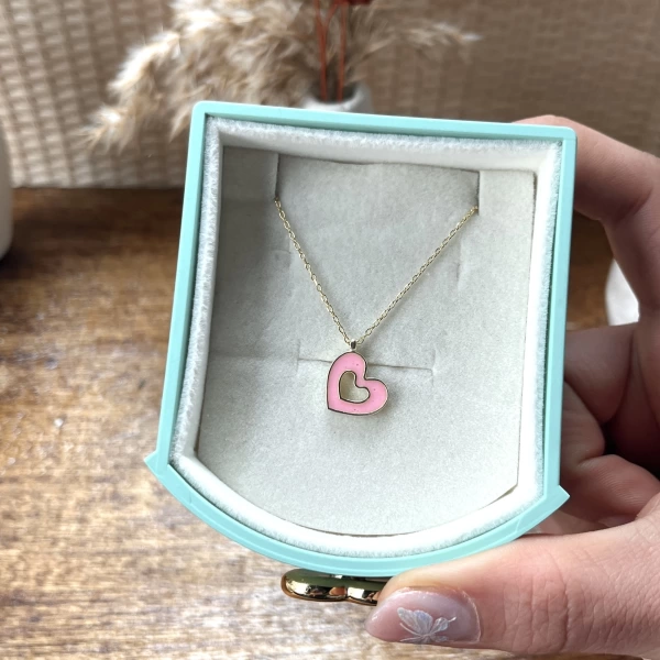 Pembe Mineli Kalp Kolye I 925 Gümüş