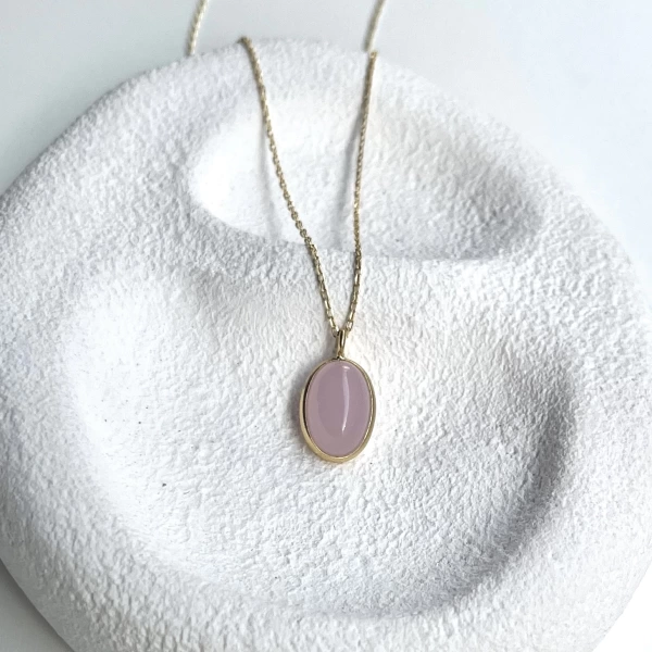 Pembe Oval Taşlı Kolye I 925 Gümüş