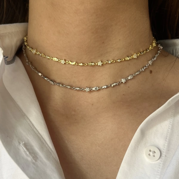 Fatma Ana El ve Ay Motifli Choker Zincir Kolye I 925 Gümüş