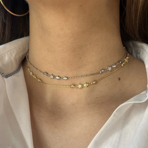 Fatma Ana El ve Ay Motifli Choker Zincir Kolye I 925 Gümüş