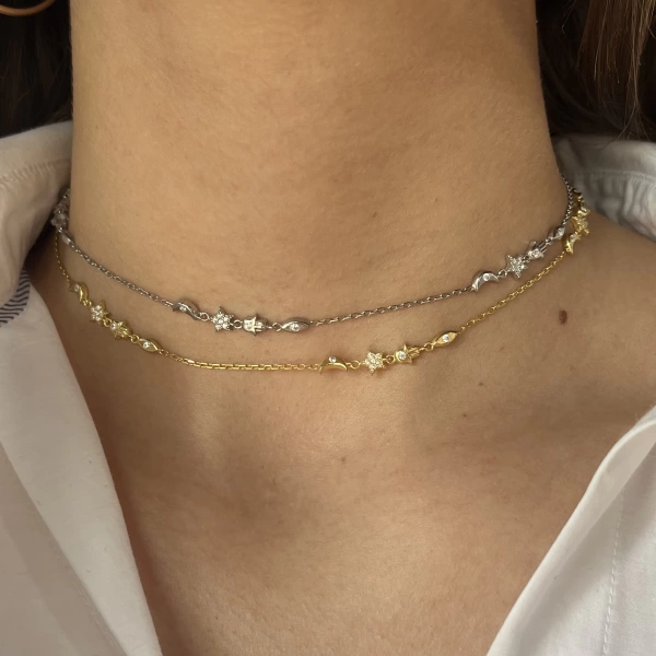 Fatma Ana El ve Ay Motifli Choker Zincir Kolye I 925 Gümüş