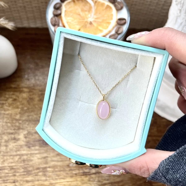 Pembe Oval Taşlı Kolye I 925 Gümüş