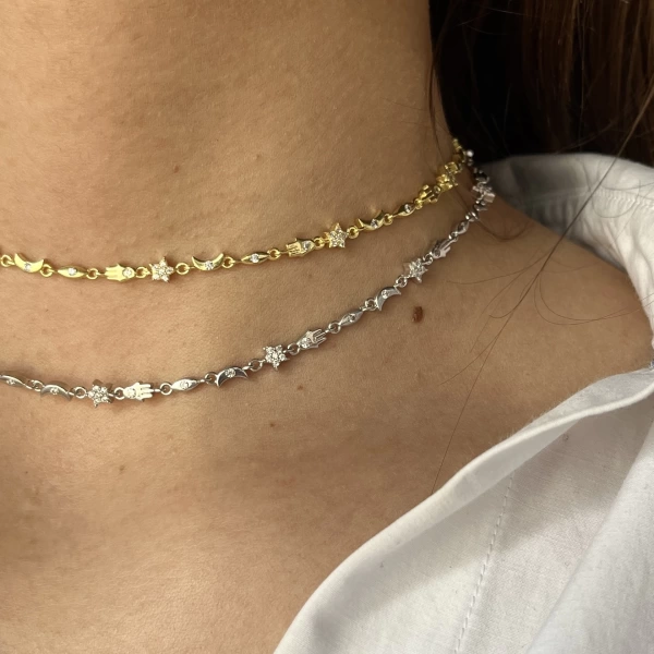 Fatma Ana El ve Ay Motifli Choker Zincir Kolye I 925 Gümüş