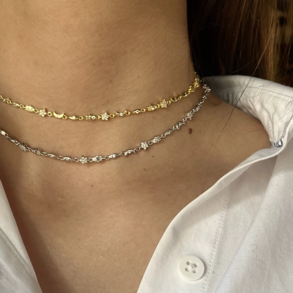 Fatma Ana El ve Ay Motifli Choker Zincir Kolye I 925 Gümüş