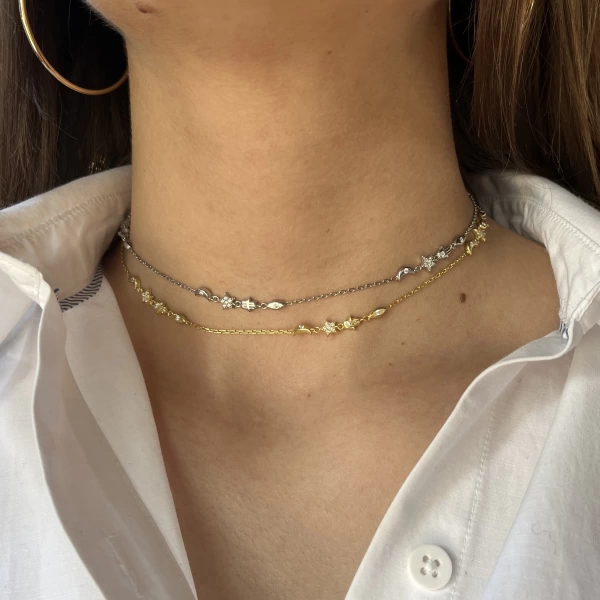 Fatma Ana El ve Ay Motifli Choker Zincir Kolye I 925 Gümüş