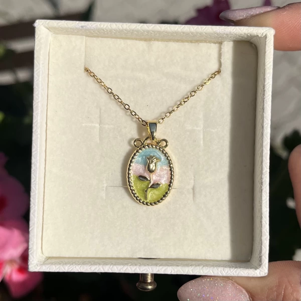 Oval Çiçek Tablo Sanat Kolye I Çelik