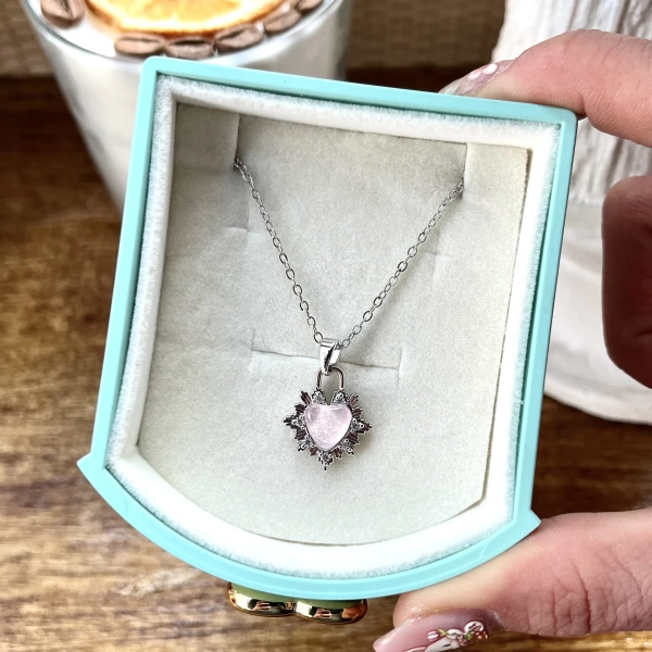 Pembe Opal Kalp Kolye I Çelik
