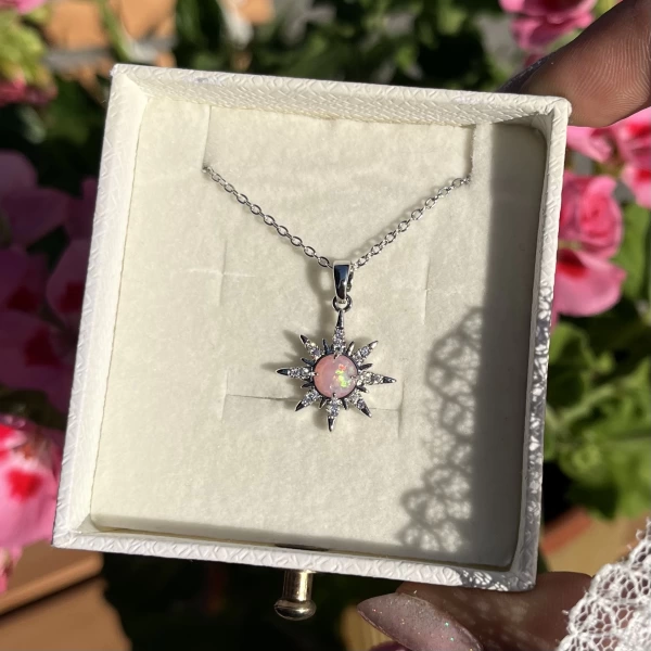 Pembe Opal Taşlı Kuzey Yıldızı Kolye I Çelik