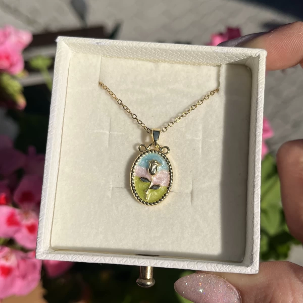 Oval Çiçek Tablo Sanat Kolye I Çelik