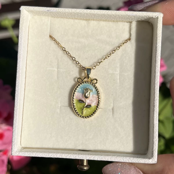 Oval Çiçek Tablo Sanat Kolye I Çelik