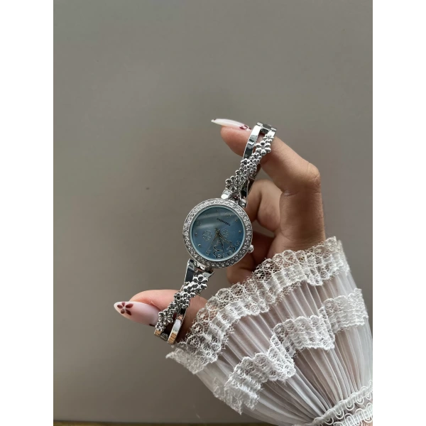 Mavi Gümüş Çiçekler Vintage Saat