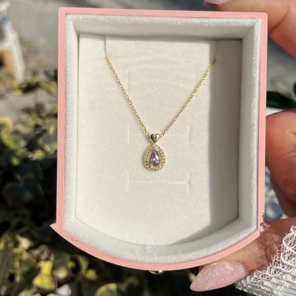 Mor Taşlı Kalpli Oval Kolye I 925 Gümüş
