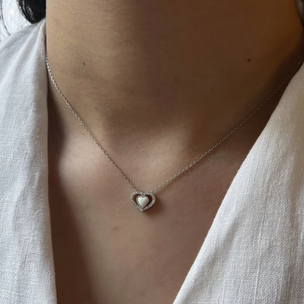 Opal Taşlı Kalp Kolye I 925 Gümüş