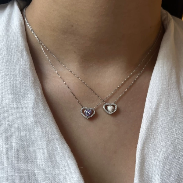 Opal Taşlı Kalp Kolye I 925 Gümüş