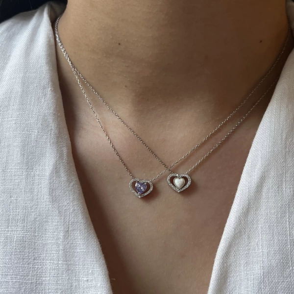 Opal Taşlı Kalp Kolye I 925 Gümüş