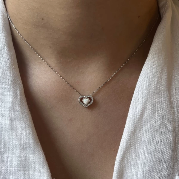 Opal Taşlı Kalp Kolye I 925 Gümüş