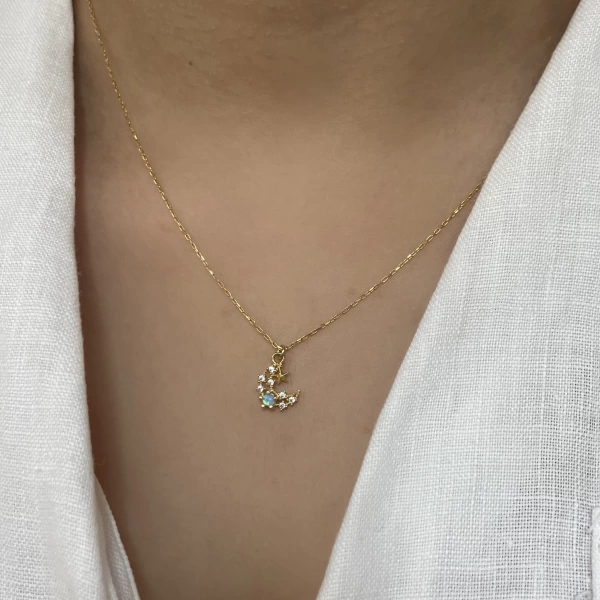 Opal Taşlı Minimal Hilal Kolye I 925 Gümüş